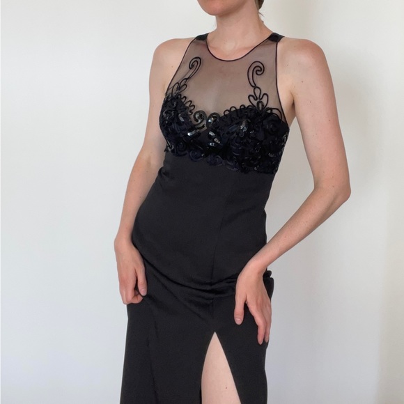 Faviana NY black evening dress / maxi / mesh with sequins - Picture 7 of 12